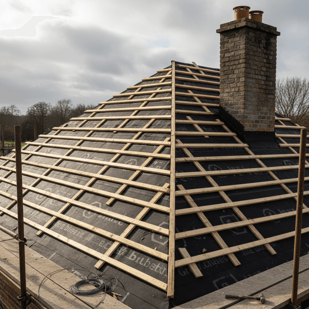 Charpente en cours de pose sur un toit à Uccle