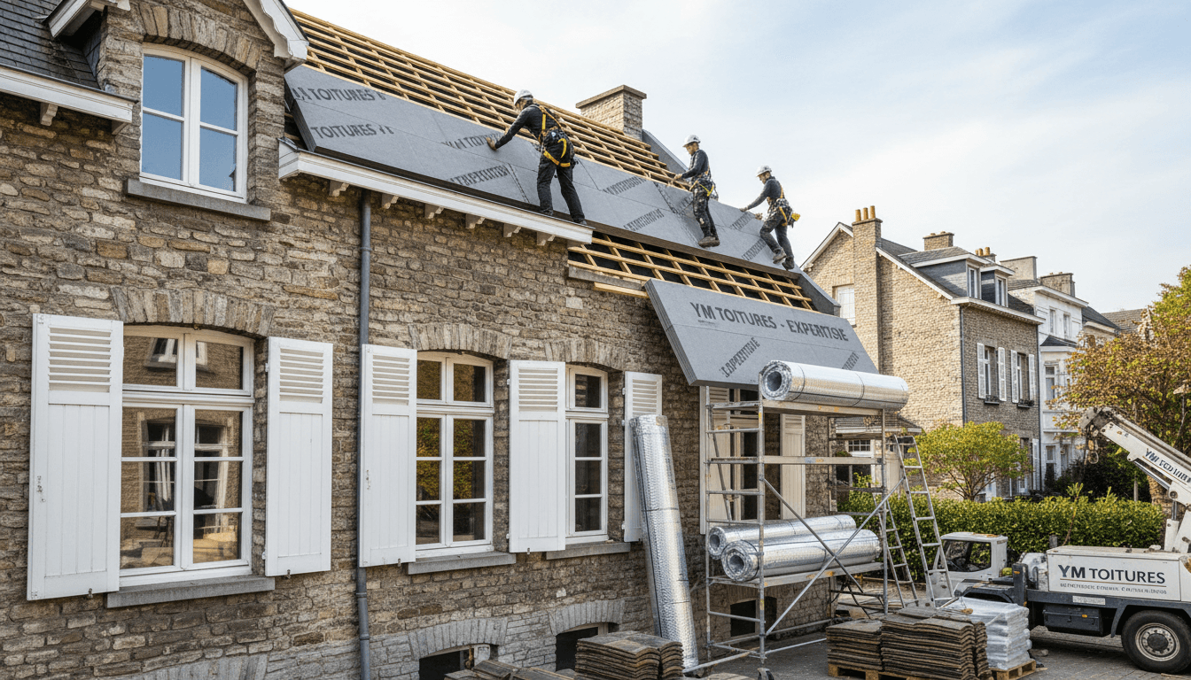 Roof insulation on a stone house with white shutters in Brussels