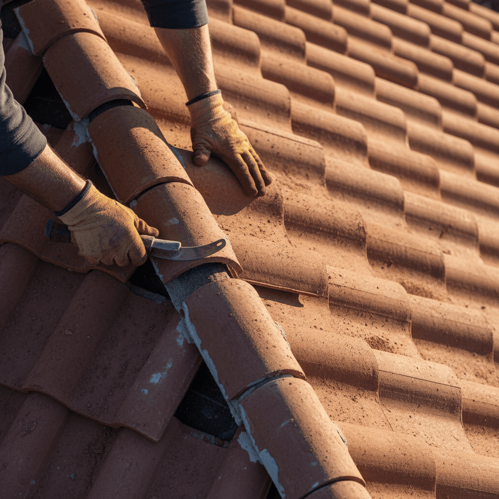 Couvreur posant des tuiles sur une toiture en chantier