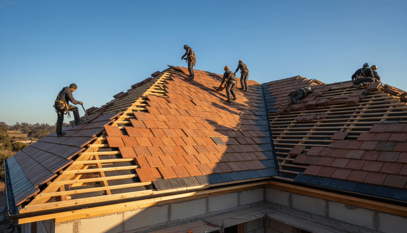 Charpente en bois et tuiles grises en cours de pose sur un toit